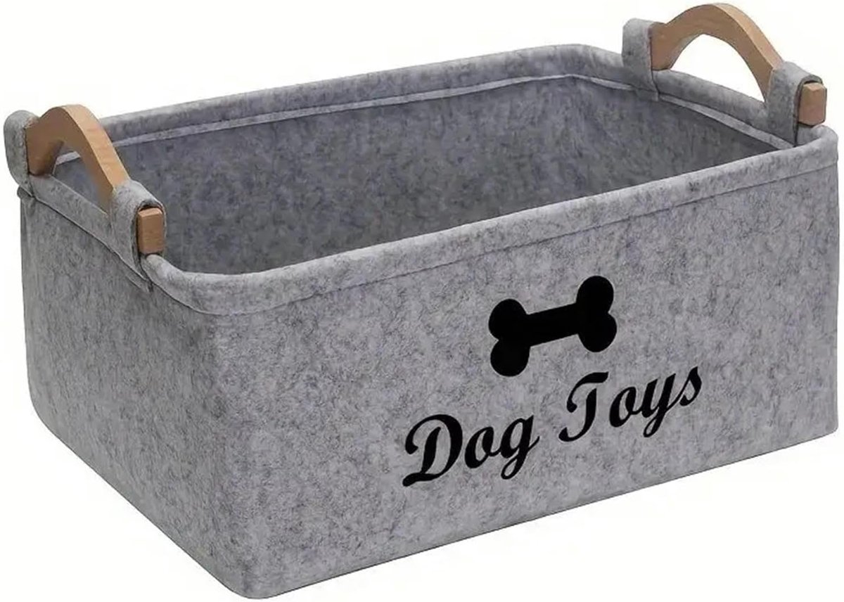 Opbergmand voor hondenspeelgoed, grote grijze vilten mand voor honden, puppyspeelgoed, organizer, opbergdoos voor huisdierspeelgoed met handgrepen, 38 x 25 x 18 cm