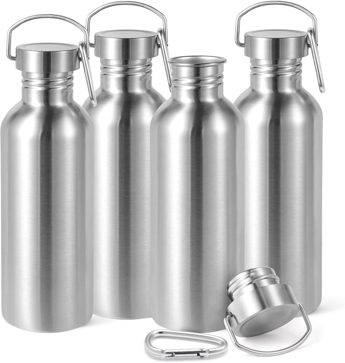 1000 ml ongeïsoleerde enkelwandige waterflessen 4 stuks, roestvrijstalen sportwaterfles met handvat en karabijnhaak, BPA-vrije lichtgewicht waterflessen voor wandelen, hardlopen (zilver, 4)