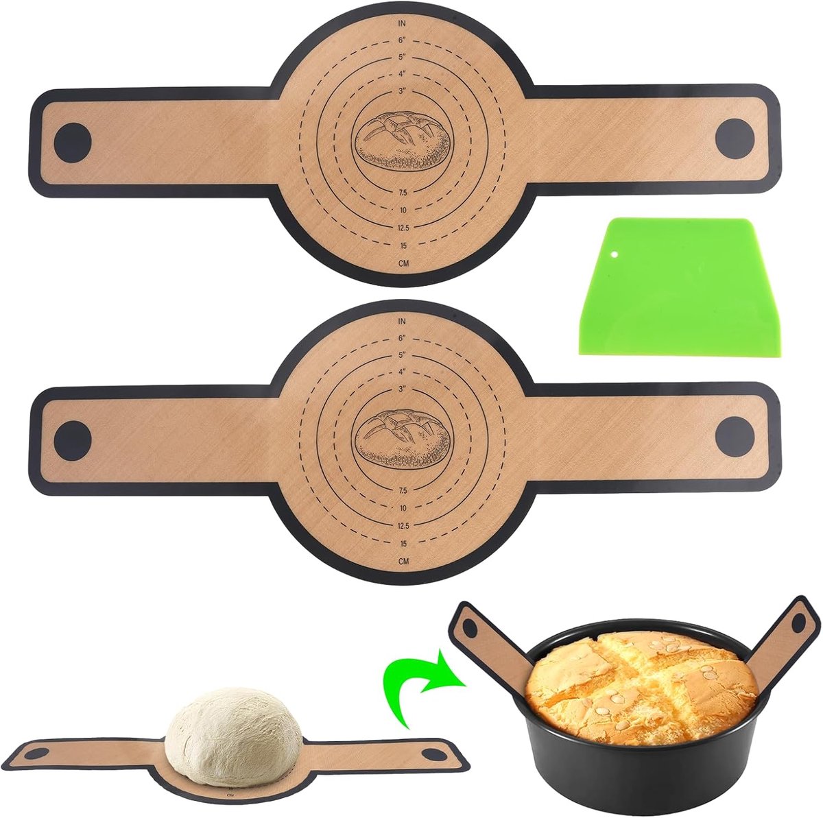 2 Stuks Siliconen Bakmat voor Dutch Oven, Herbruikbare Brood Bakmat | Gemakkelijk te Reinigen, Anti-aanbaklaag Siliconen Broodbakmat met Deeg Schraper, voor Deeg, Cakes, Koekjes, Pizza