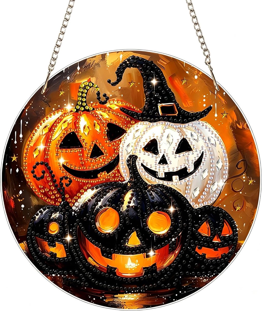 Halloween Hangende Diamant Pompoen Hanger Kit voor Volwassenen Kinderen, 5D Gem Art Schilderij Kits voor Beginners, DIY Gem Arts Ambachten voor Thuis Tuin Muur Decor