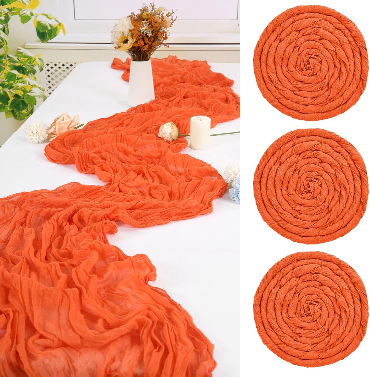3 stuks gebrande oranje tafelloper, 55 x 300 cm kaasdoek tafellopers, romantische doorschijnende tafelloper, 3 m gaas boho tafelloper, rustieke kaasdoek tafelloper voor bruiloftsfeest