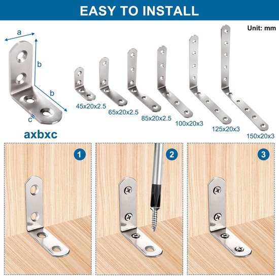 6 Stuks 45x45x20x2.5 mm L-Beugels, Roestvrijstalen L-Vormige Hoekbeugels, 90 Graden Haakse Beugelbevestiging, met 24 Stuks Schroeven, voor Meubels Bureau Tafelplank — afbeelding 3