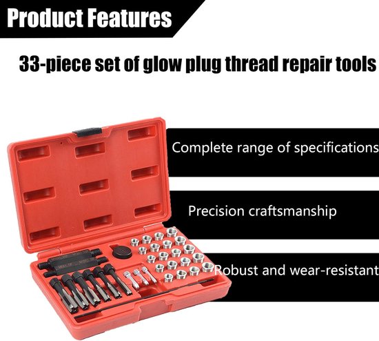 33 stuks schroefdraadreparatieset, stalen schroefdraad, reparatiegereedschap, voor auto M8, M10, M12, M14, gereedschapsset voor — afbeelding 2