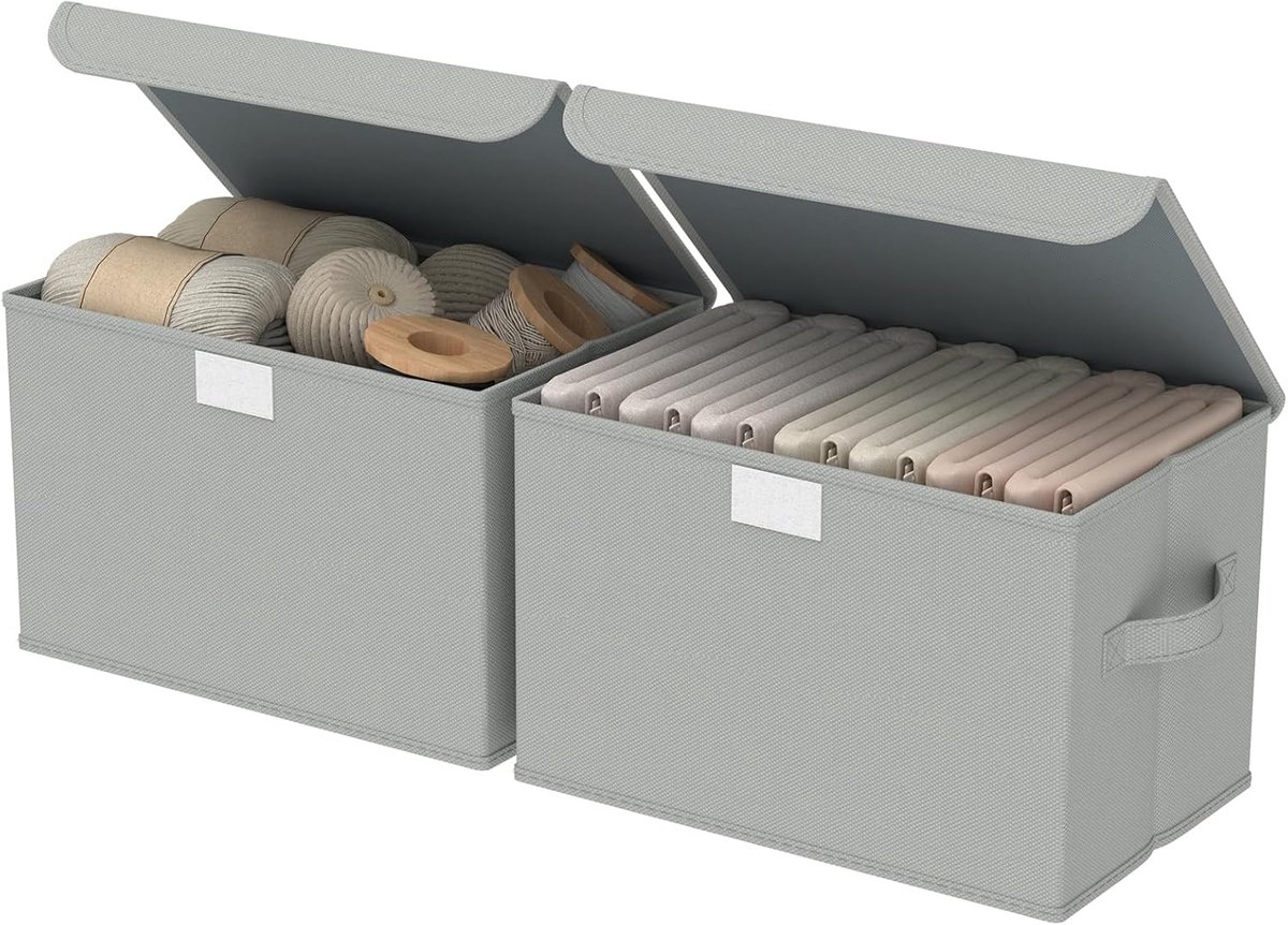 Opbergdoos met deksel, opvouwbare opbergkisten, kledingorganizer met 2 stoffen handgrepen, voor slaapkamer, kledingopslag, 2 stuks, grijs, 26 x 20 x 17 cm