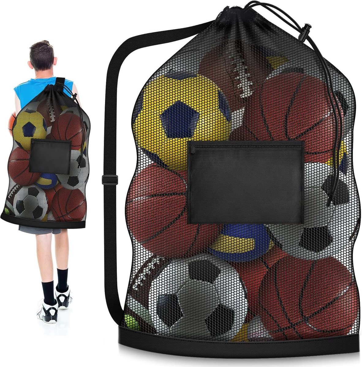 Nettas Voor Ballen, 102 X 76 Cm, Voor Volwassenen – Sporttas Van Mesh Met Verstelbaar Trekkoord En Zijvak – Duurzame Tas Voor Voetbal, Basketbal, Volleybal, Rugby, Zwemmen En Fitness