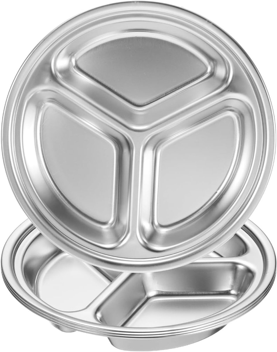 4 deelbare serveerborden, roestvrij staal, 17 cm, ronde borden, servies met 3 vakken, voor restaurant, keuken, portiecontrole, camping, zilver