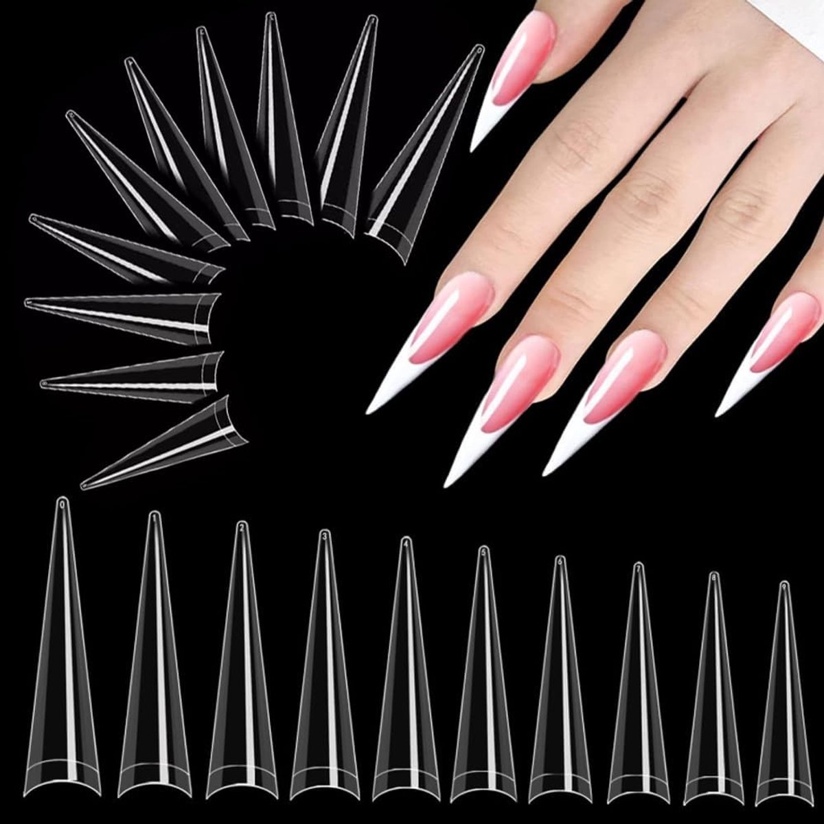 500 Piece Stiletto lange nageltips, Tips voor gel nagels, Lange transparante valse nagels, Half Cover rechte taps toelopende, Stiletto tips voor, Nail tips gel, DIY Nail