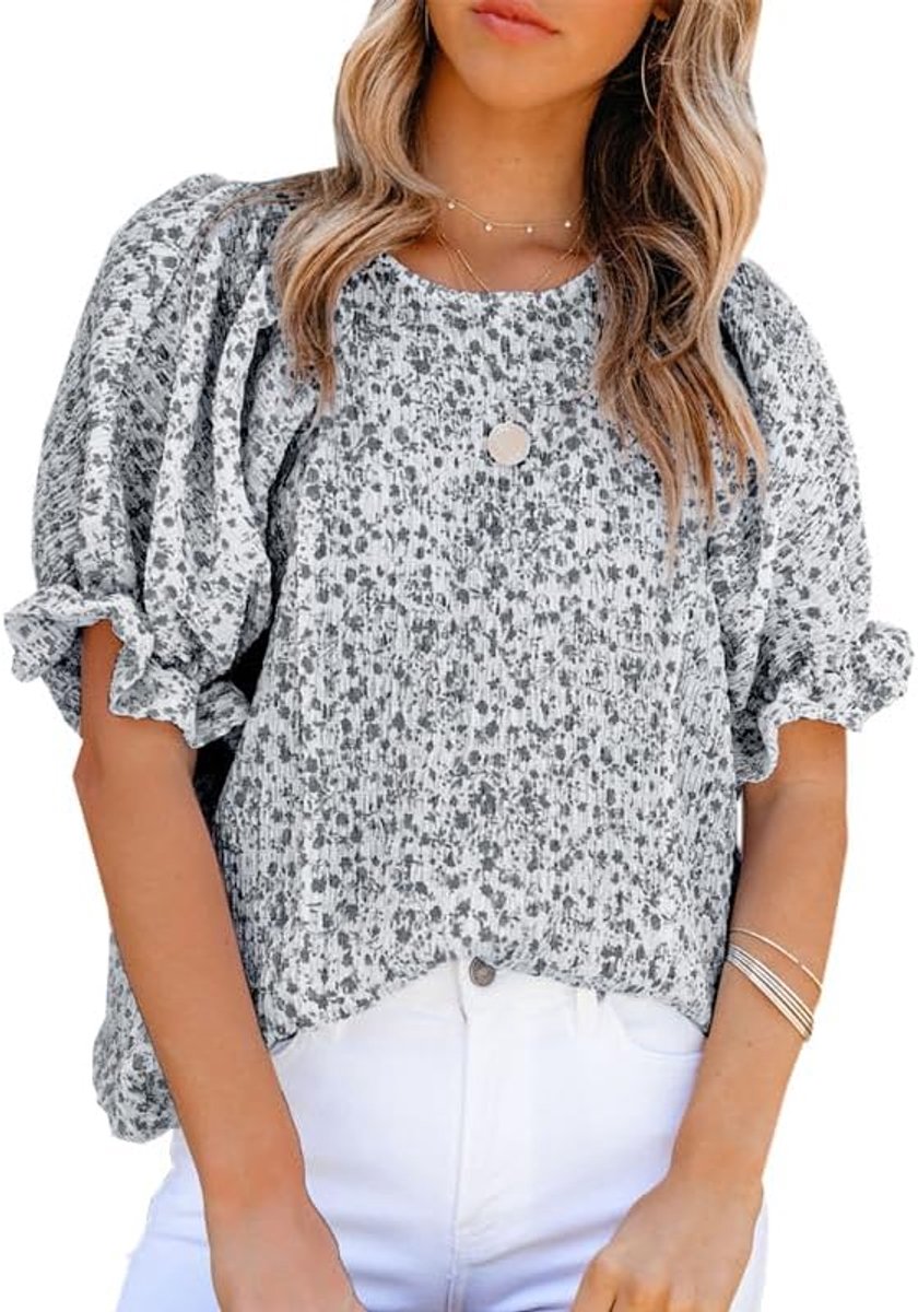 Dames bloem sweatshirt korte mouwen tuniek ontspannen bloemen tops casual pofmouwen ronde hals T-shirt zomer dames