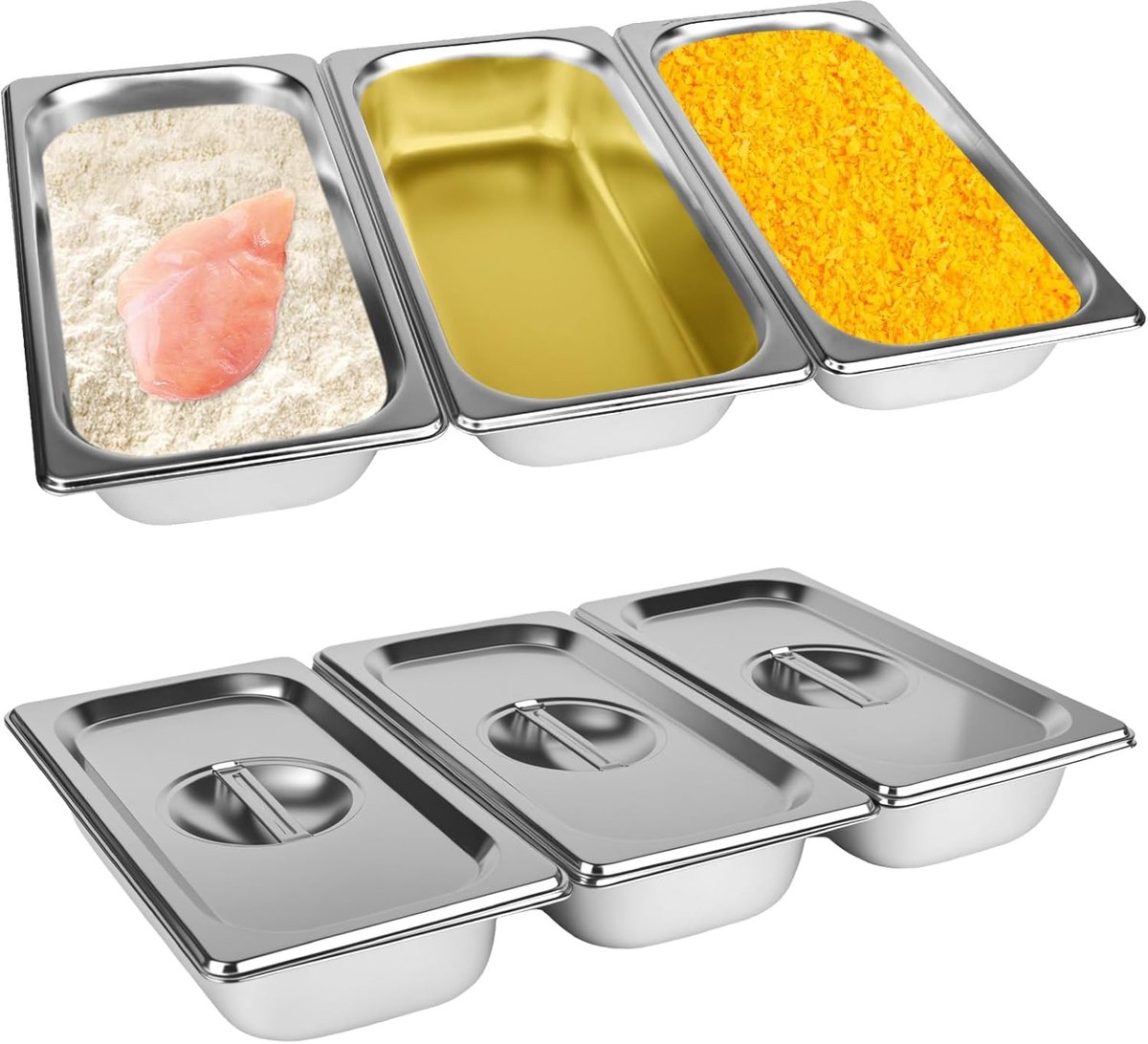 Panierschotelset, 3-delig, 32,5 x 17,5 x 6,5 cm, GN 1/3 container, rechthoekige metalen gastronomiebak met deksel van roestvrij staal voor schnitzels, vlees, vis