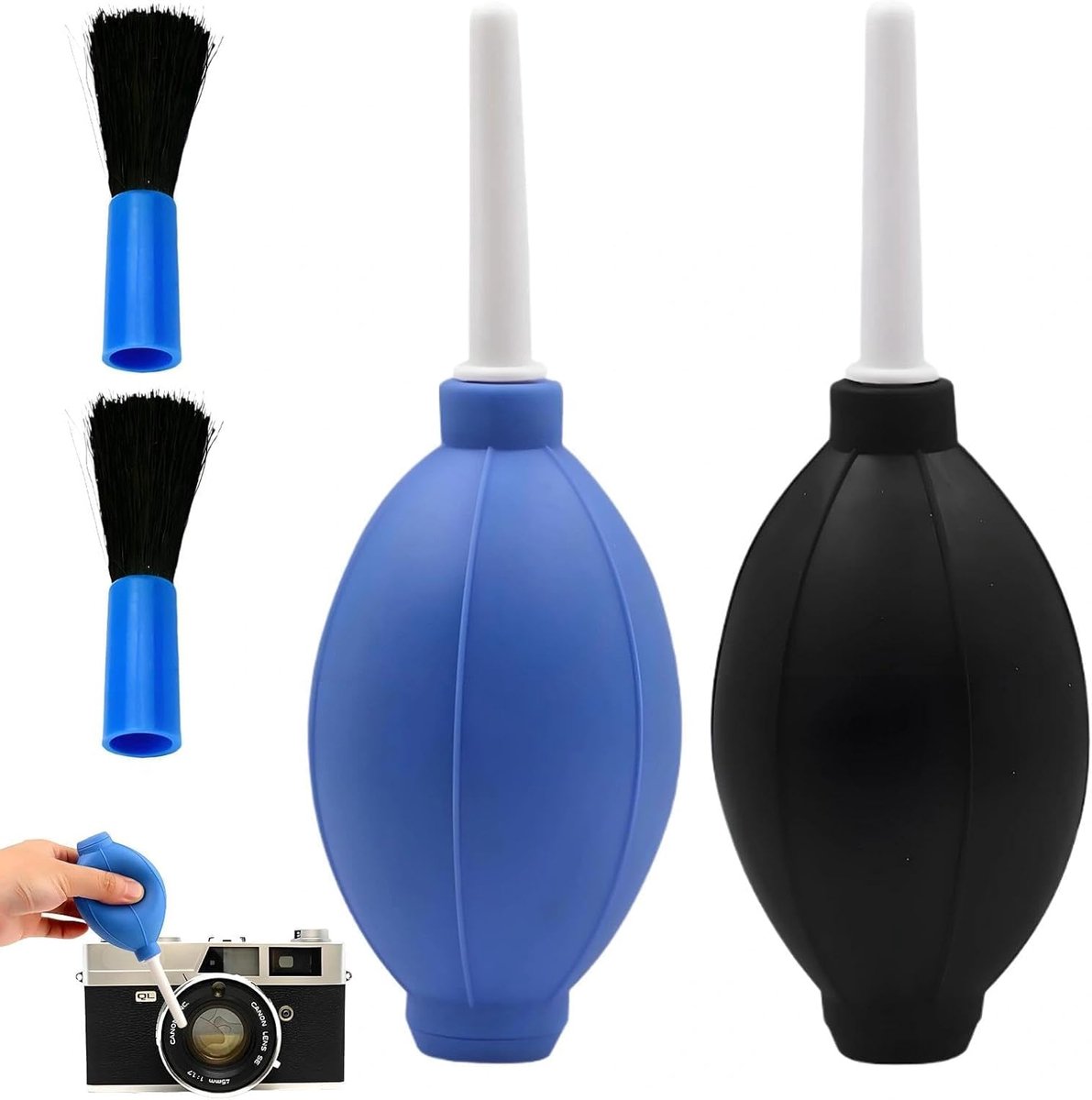2 stuks blaasbalg camera, lensreinigingsset, zachte rubberen luchtblazer, met 2 reinigingsborstels, voor het reinigen van camerasensoren, toetsenborden, blauw, zwart