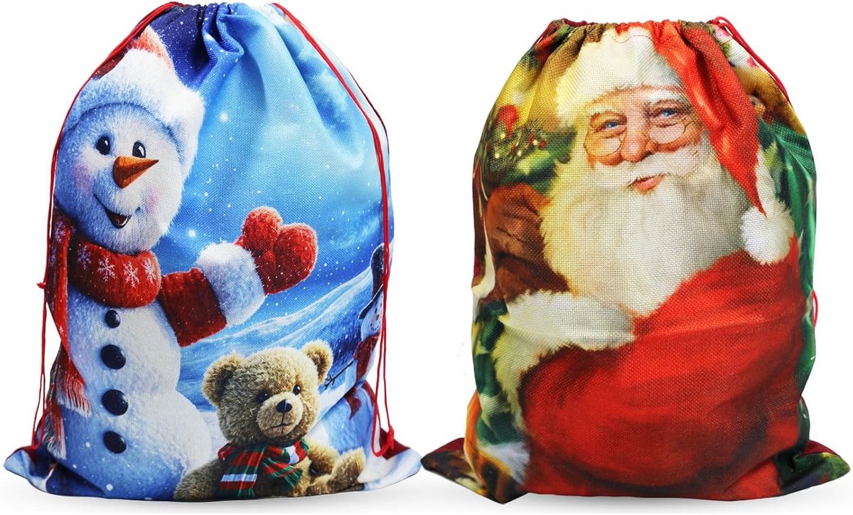 Verpakking van 2 kerstzakken - 50x70cm Grote kerstcadeautassen met trekkoord - Luxe herbruikbare zakken voor cadeaus en decoraties. (Zorgzame kerstman & sneeuwpop beer)