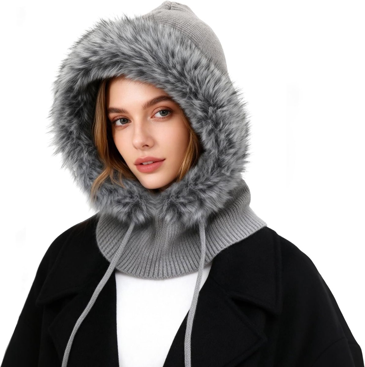 gebreide muts voor dames, warme winddichte verstelbare sjaal met capuchon, pluche muts, 2-in-1 modieuze bivakmuts voor dames, muts met nekwarmer voor buitenactiviteiten, winkelen