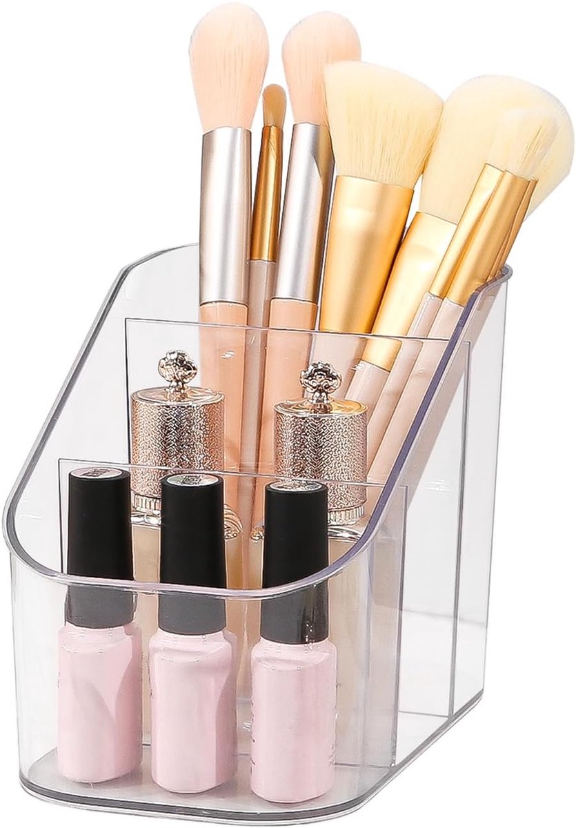 Make-up organizer met 3 vakken, penseelhouder, cosmetica, opslag, make-upkwastenorganizer van acryl, make-uptafel, organizer voor eyeliners, lippenstift, make-up en skinare (transparant, S)