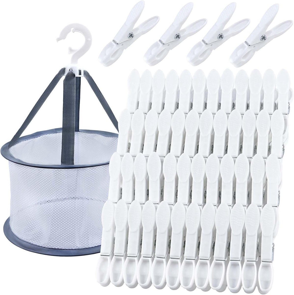 Wasknijpers met Opbergmand - Mini Knijpers voor het Ophangen van Kleding - Ideaal voor Sokken, Ondergoed en Kleine Kledingstukken - Binnenshuis of aan de Lijn