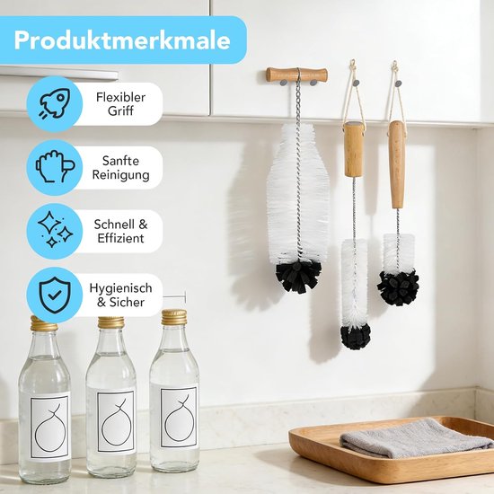 3 Stuks Flessenborstel voor Glazen Flessen, Reinigingsborstel compatibel met SodaStream Glazen Flessen, Krasbestendige Flessenreiniger voor Glazen Karaf, Babyflessen, Drinkflessen — afbeelding 3