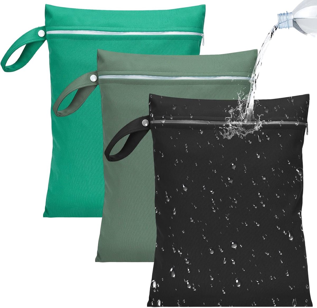 3 waterdichte tassen, 40 x 30 cm, waterdichte reistas, herbruikbaar, voor badpakken, strandhanddoeken en campingaccessoires (zwart, groen, blauw-groen)