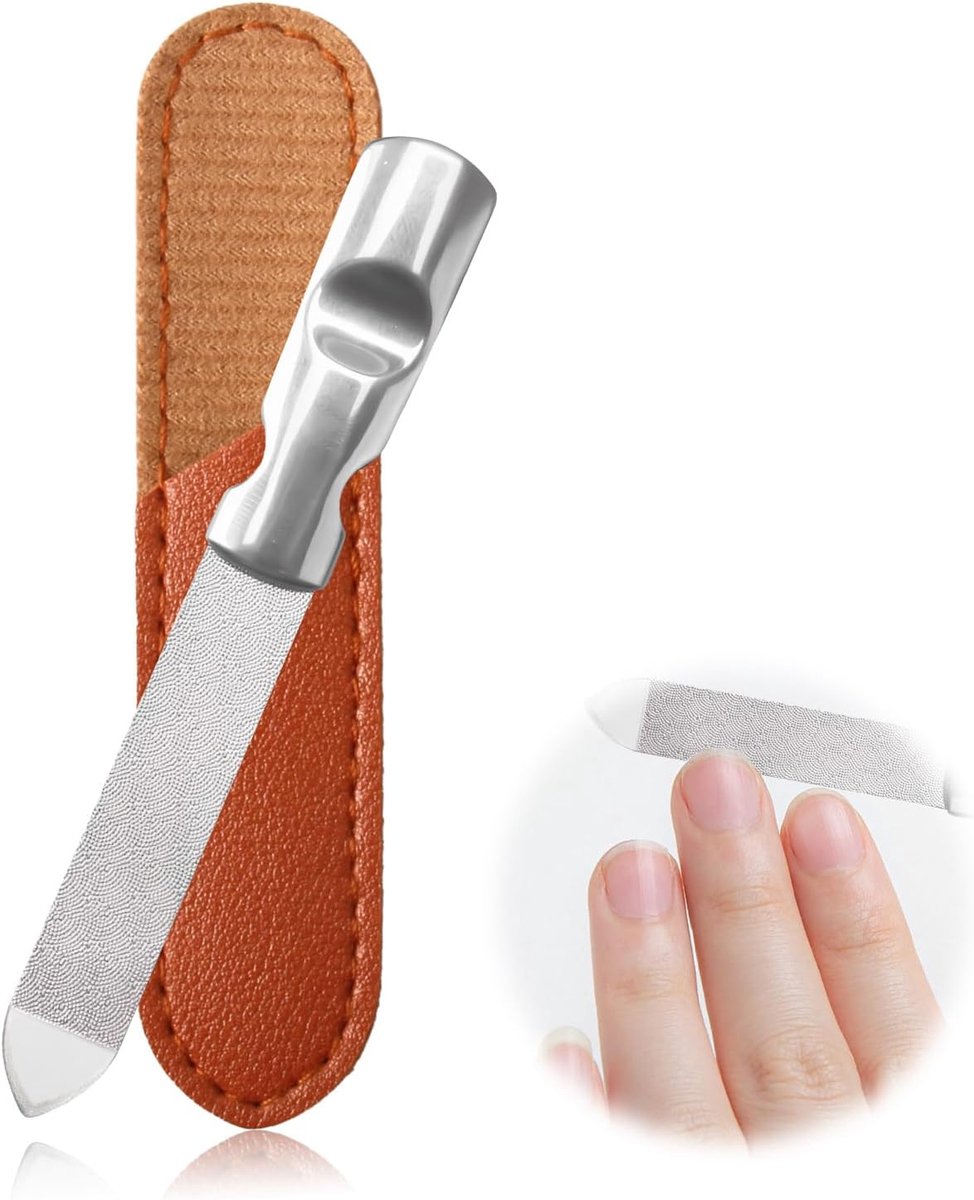 Nagelvijl metaal roestvrij staal dubbelzijdig voor dames | Professioneel, wasbaar en duurzaam, voor natuurlijke nagels en gelnagels, buffer voor nagels, met leren etui