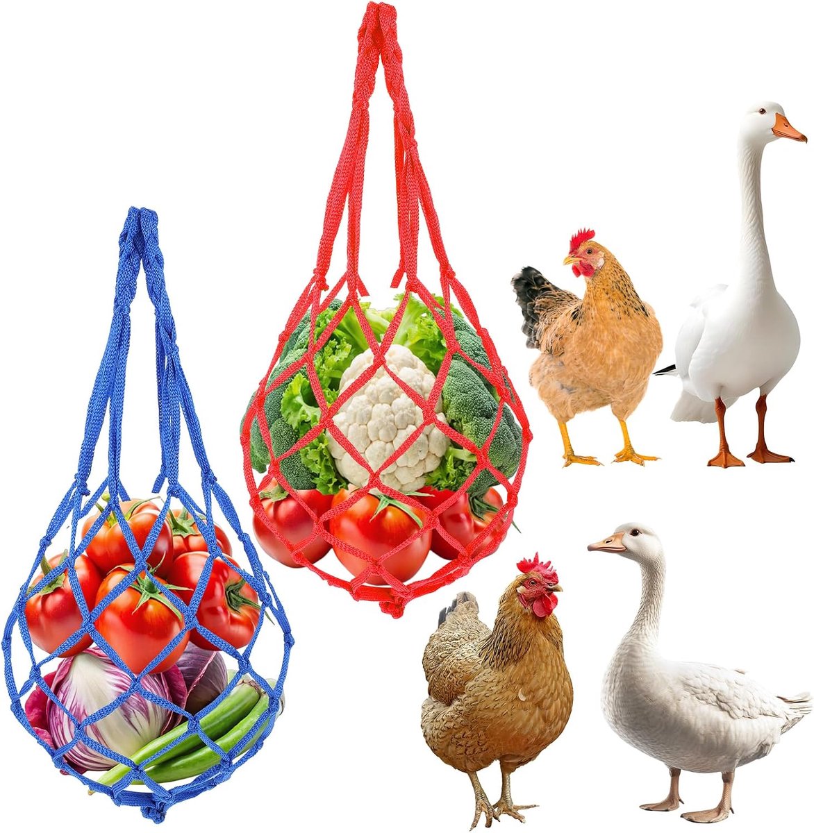 2 stuks voedernet voor kippen om op te hangen, kippenvoerautomaat, nylon voedingsnetzak, voedingsnetzak voor kippen fruit en groenten, praktisch speelgoed accessoires voor eenden, ganzen, vogels (2