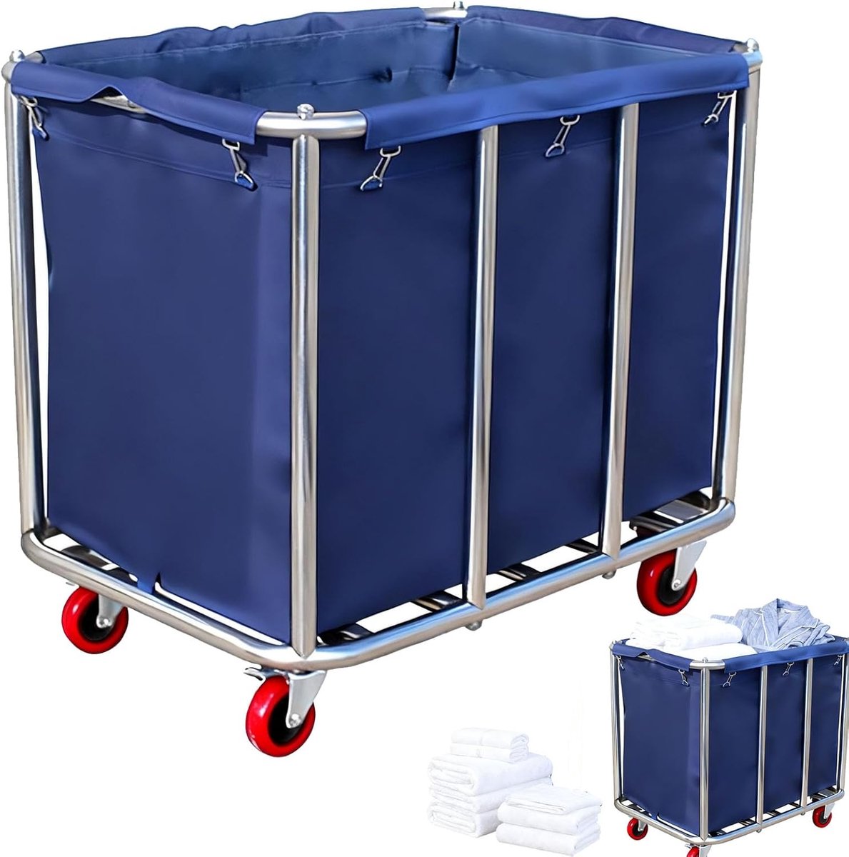 roestvrijstalen wasmand met wielen, waterdicht, roestvrij, afneembaar, grote wasmanden voor thuis, hotel, bijkeuken, 90 x 65 x 81 cm