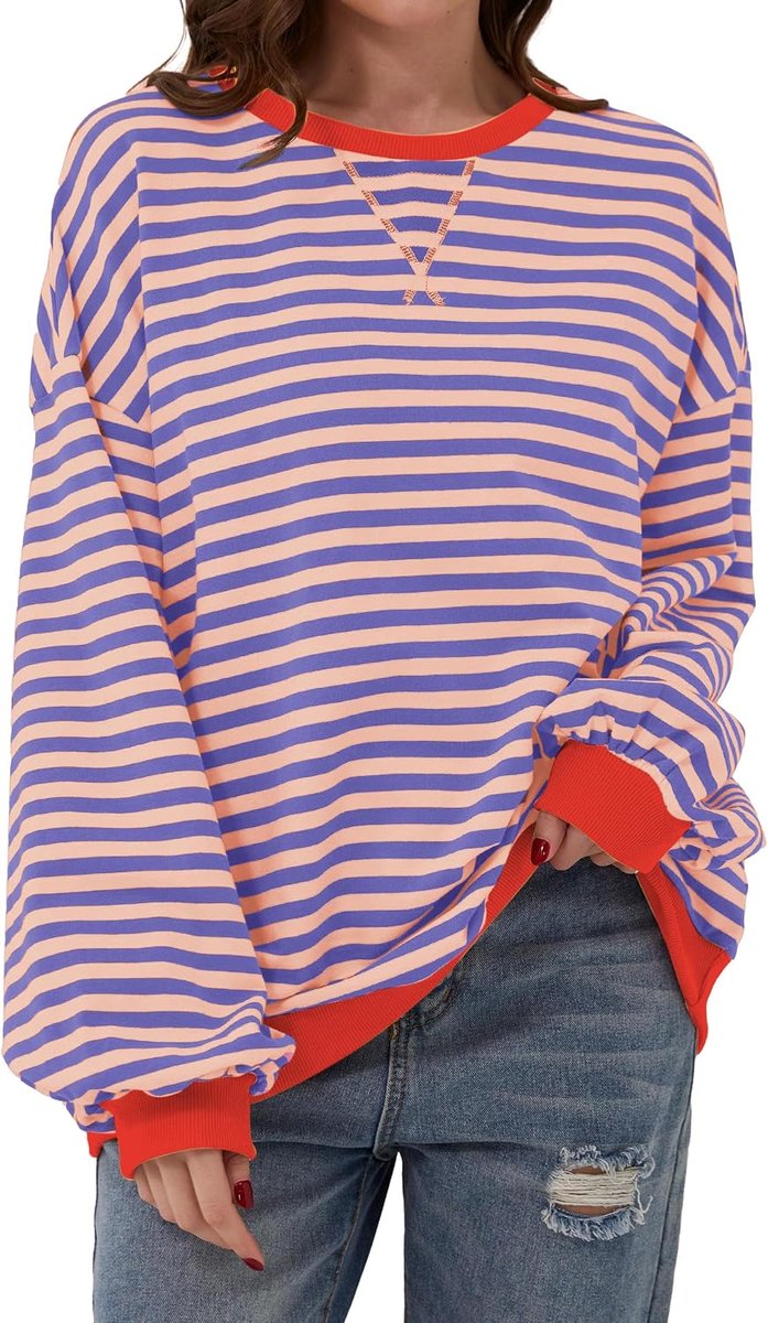 Sweatshirt voor dames, oversized, contrasterende kleuren, gestreept, ronde hals, herfst, winter, casual top