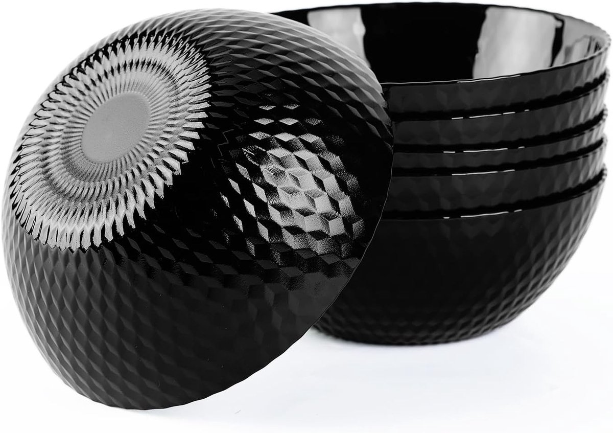 568ml Zwarte Opaalglas Ontbijtkommen Set van 6, 15.24 cm Ronde geometrisch gefacetteerde kommen, magnetron- en vaatwasserbestendig voor keuken, salade, soep en rijst