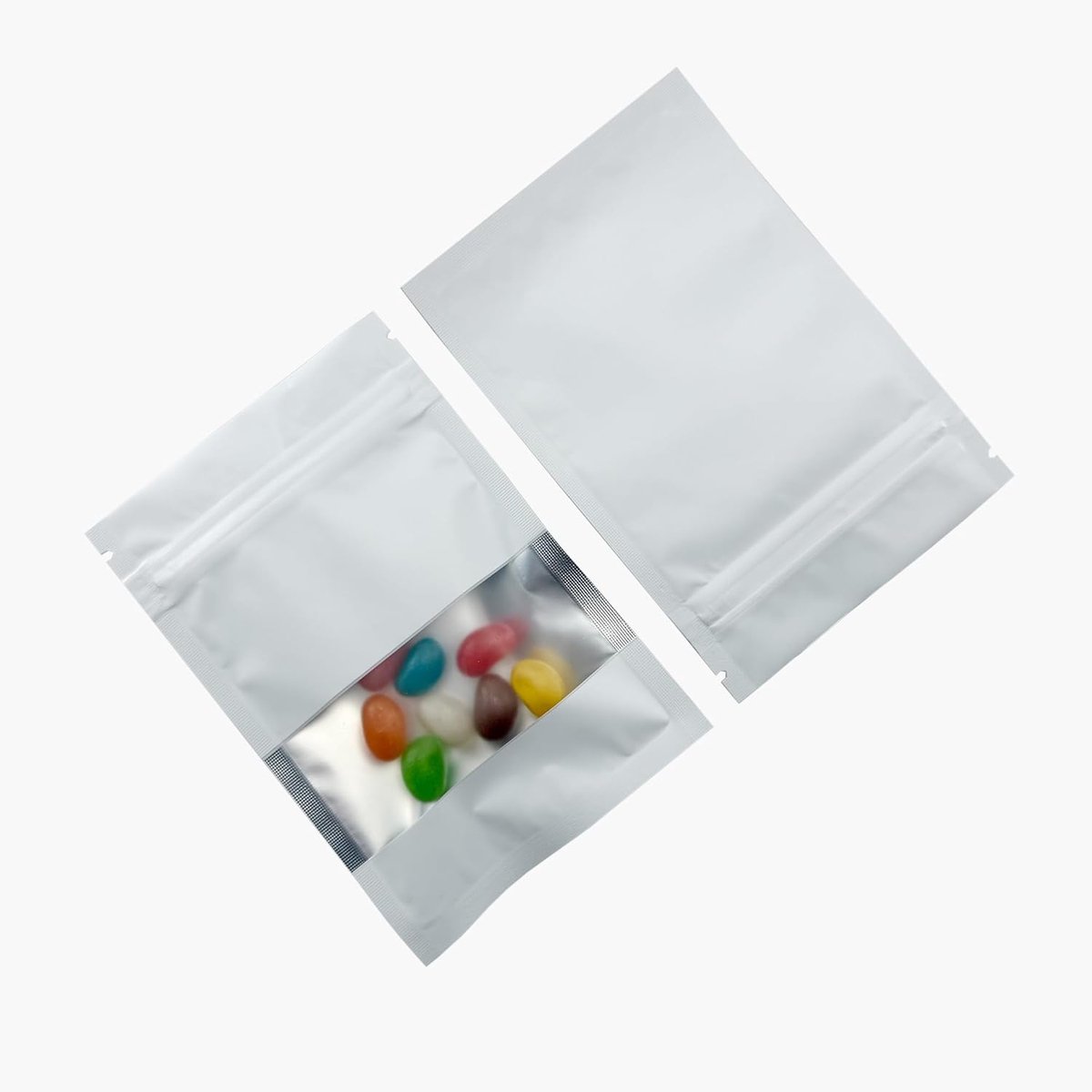 100 zakken van mat aluminium, hersluitbaar, wit, mat, 10 x 15 cm | Transparant venster, Mylar, hitteverzegelbaar, ritssluiting, voor opslag