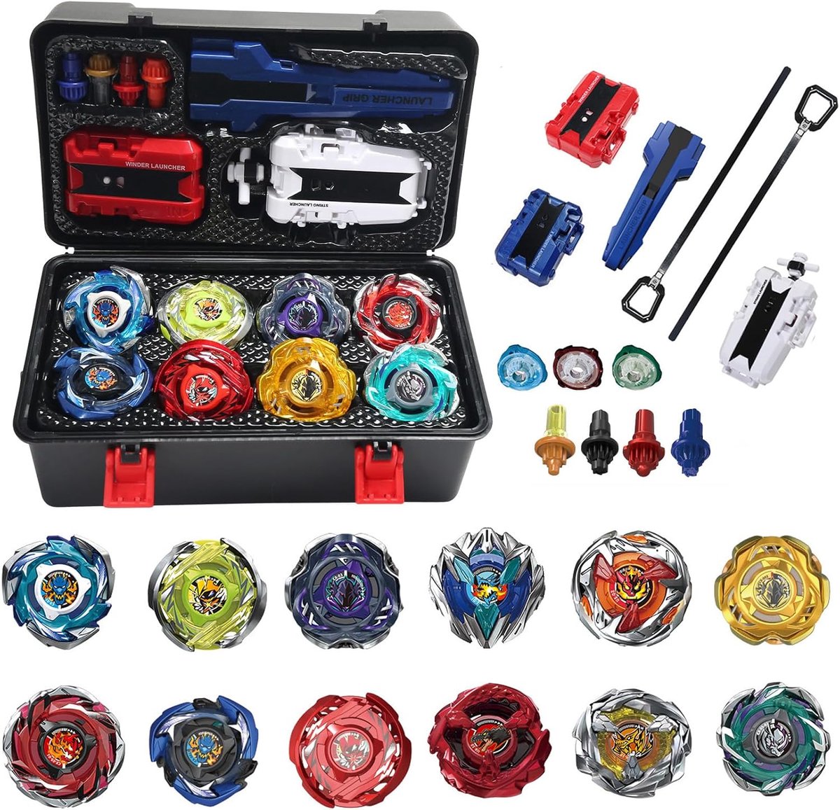 12 Battle Spinning Tops, 3 Launchers, 1 Handvat, 3 Middenringen en 4 Bases, Verjaardagscadeau, 168-2