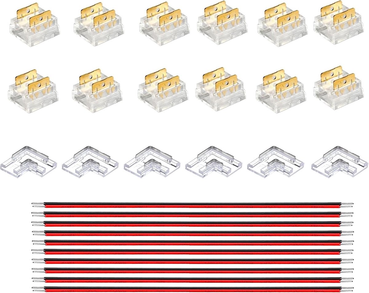 8mm 2Pin 30Packs inbouw montage COB LED strip connector angle kit,14pcs clear connectors,6pcs l-vormige angle connectors,10pcs rode en zwarte 22 AWG kabels,voor 5V 12V 24V LED strip