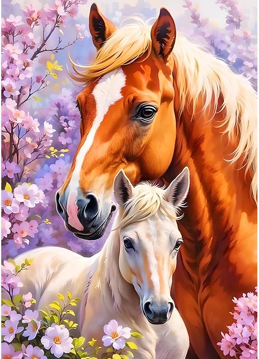 Paar Paarden Diamant Schilderij Kits voor Beginners Volwassenen, 5D DIY Liefhebbers Diamant Kunst Kits, Ronde Volledig Geboorde Paarden Edelsteen Kunstambachten, DIY Bloemen Schilderen per