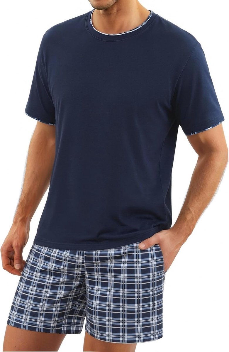 Pyjama's voor heren, zomer, katoen, korte pyjama voor heren, T-shirt met korte mouwen, tweedelige pyjama's voor heren, katoenen pyjama's en Schotse shorts met zakken, licht en zacht
