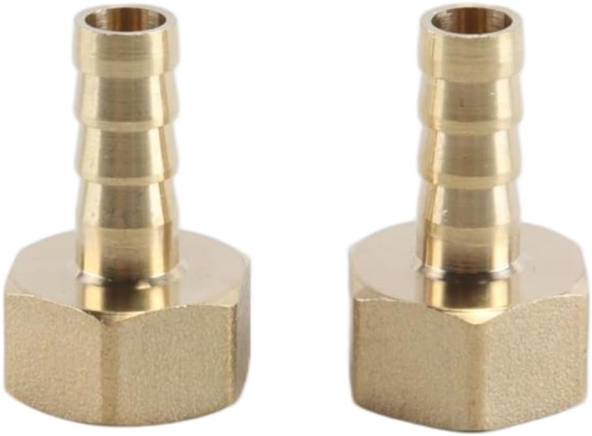 Verpakking van 2 messing slangtuitjes met weerhaken, slangaansluiting 10 mm binnendiameter x G 1/2 inch NPT binnendraad