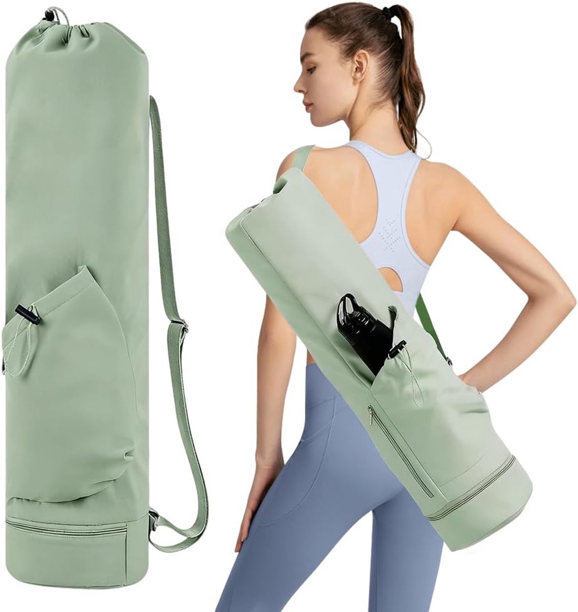 yogamattas met verstelbare schouderriem, grote yogatas met vak voor nat en flessenvak, waterdichte tas voor yogamat voor pilates, yogamatten en yoga-accessoires, groen