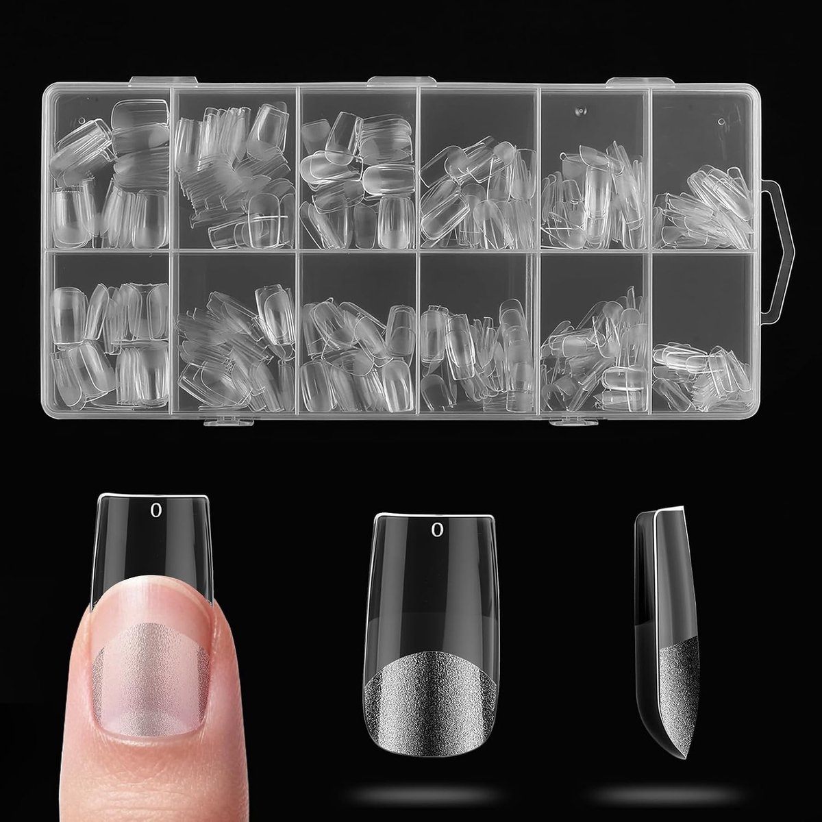 600 stuks vierkante nageltips, Press-on nagels, semi-matte acryl volledige dekking nageltips voor gelextensies, transparante kunstnagels voor thuis en salon (12 maten, vierkant B)