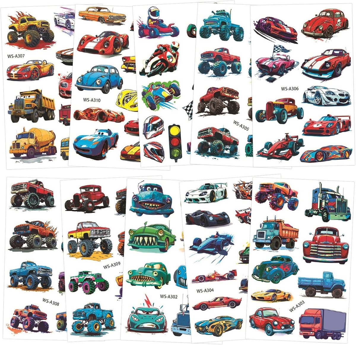 90 stuks racewagens en trucks, monsters, tijdelijke tatoeages voor kinderen, valse wielen, tattoostickers voor kinderen, racewagen, verjaardagsfeest, gunsten, decoratie