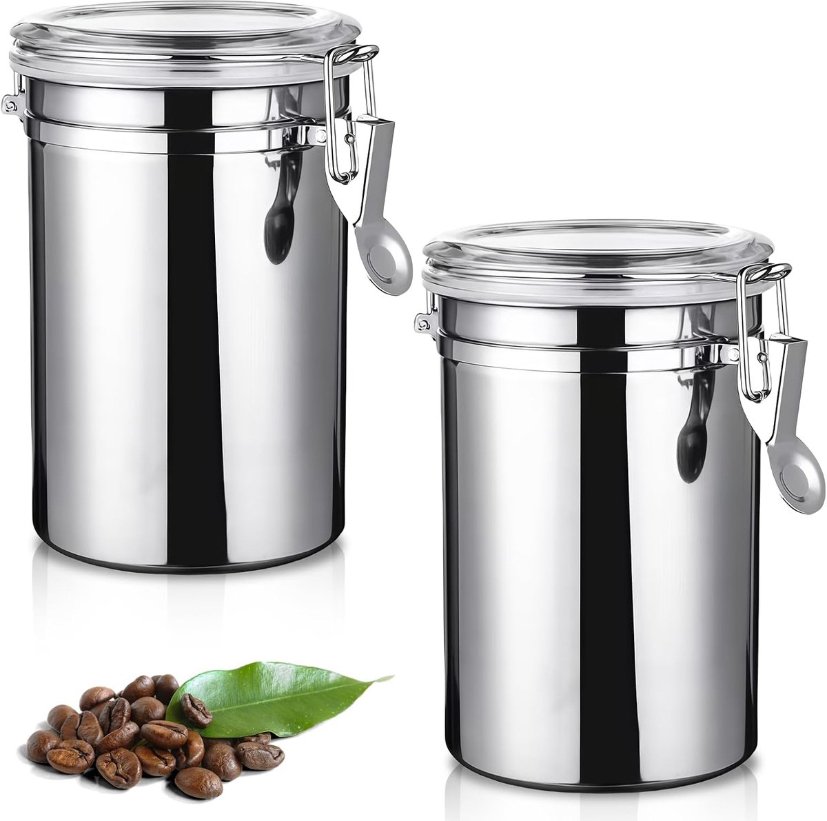 2 stuks koffieblikjes, luchtdicht met deksel, 1110 ml, roestvrij staal, koffiebonenhouder, aromadichte opbergdoos, voor noten, cacao, theebladeren, zilver