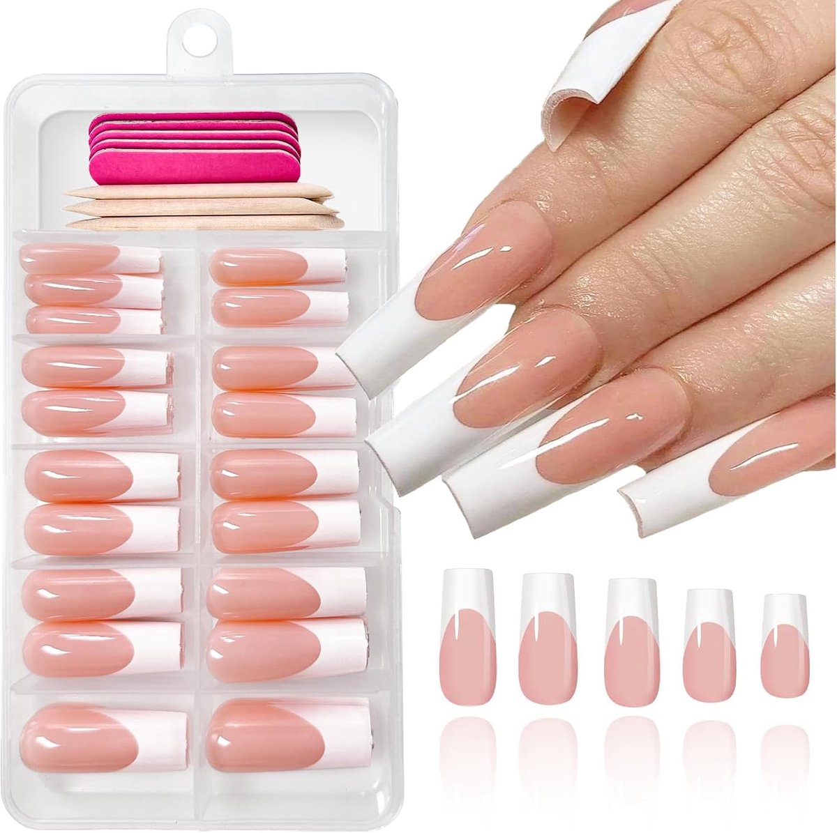 120 stuks French Tips Press-on Nagels Long Square Met Witte Tip Volledige Dekking Acryl Kunstnagels Met Kleefstrips Voor Dames Manicure 12 Maten