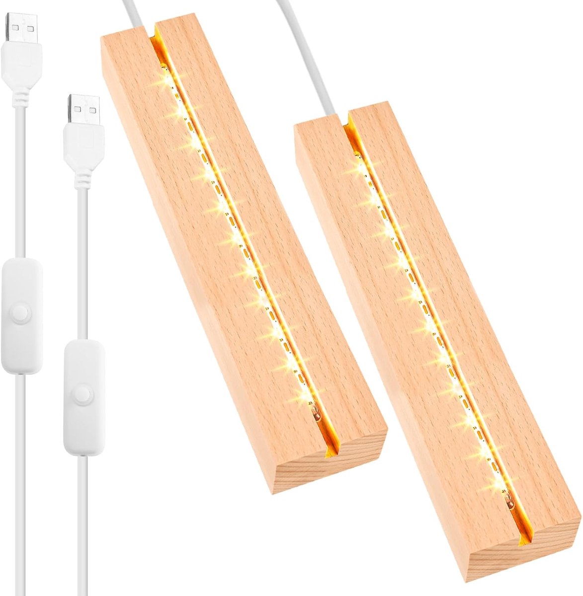 Set van 2 led-lampjes, displaybasis, 30 cm, houten USB-led-basis, rechthoekige houten verlichtingsbasis, doe-het-zelf led-basis voor glas, acrylplaat van hars, 30 x 45 cm