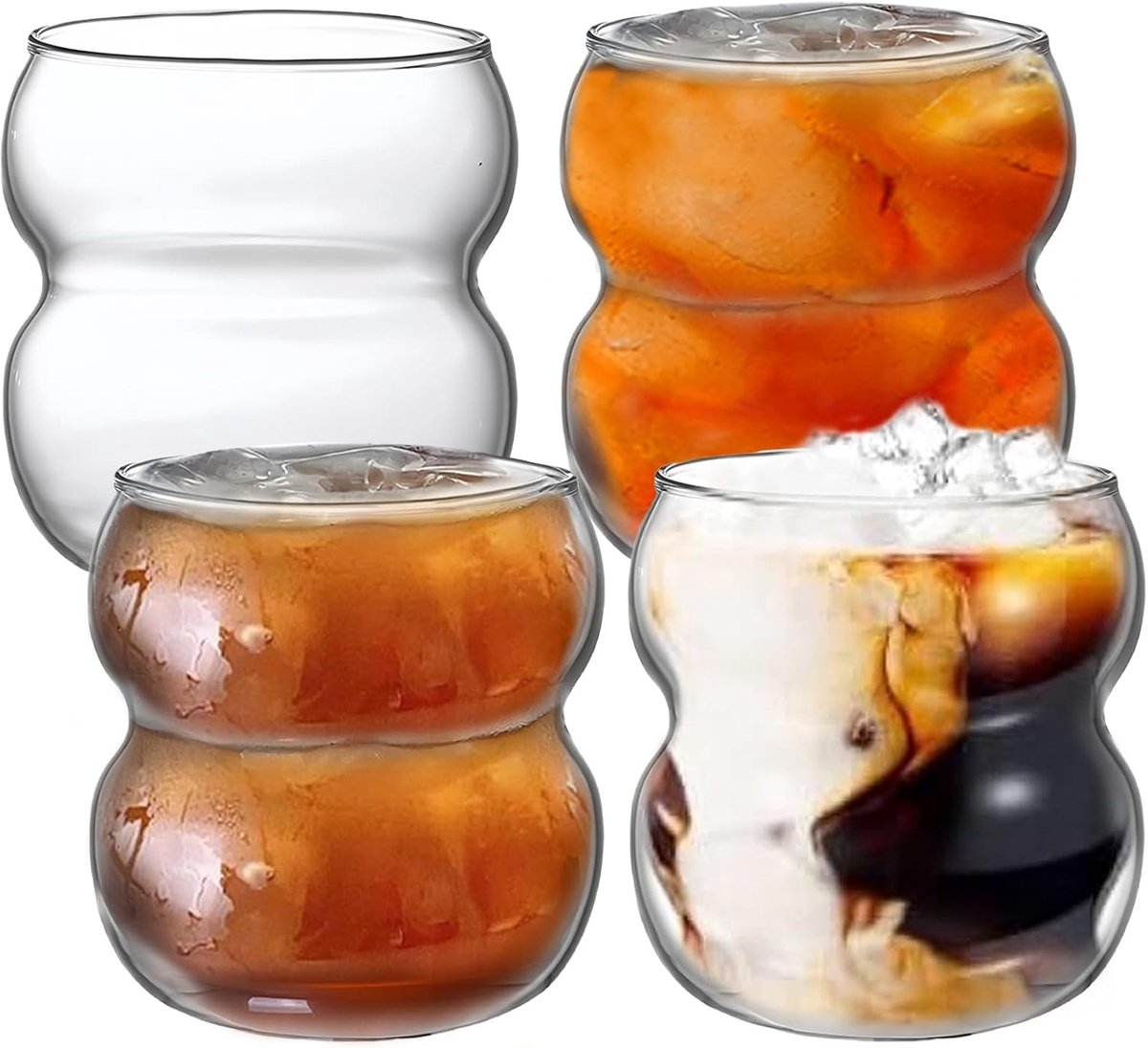 glazen, set van 4, 380 ml, geribbelde drinkglazen, ijskoffieglazen, glazen bekers, latte macchiato, cocktailglazen, handgemaakte glazen bekers, ijskoffieglas voor melk, macchiato, whisky,