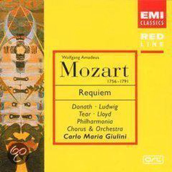 Albumhoes Mozart Requiem met rode en gele vlakken. Tekst: Wolfgang Amadeus Mozart, Requiem, Donath Ludwig Tear Lloyd, Philharmonia Chorus & Orchestra, Carlo Maria Giulini, EMI CLASSICS RED LINE.