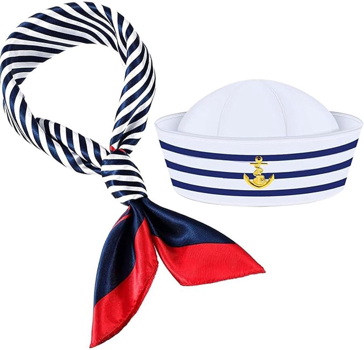 Matrozenmuts en sjaalset voor dames en heren, blauw en wit gestreept matrozenkostuum, verkleedset voor cosplay, nautische thema's, feest, podiumoptredens
