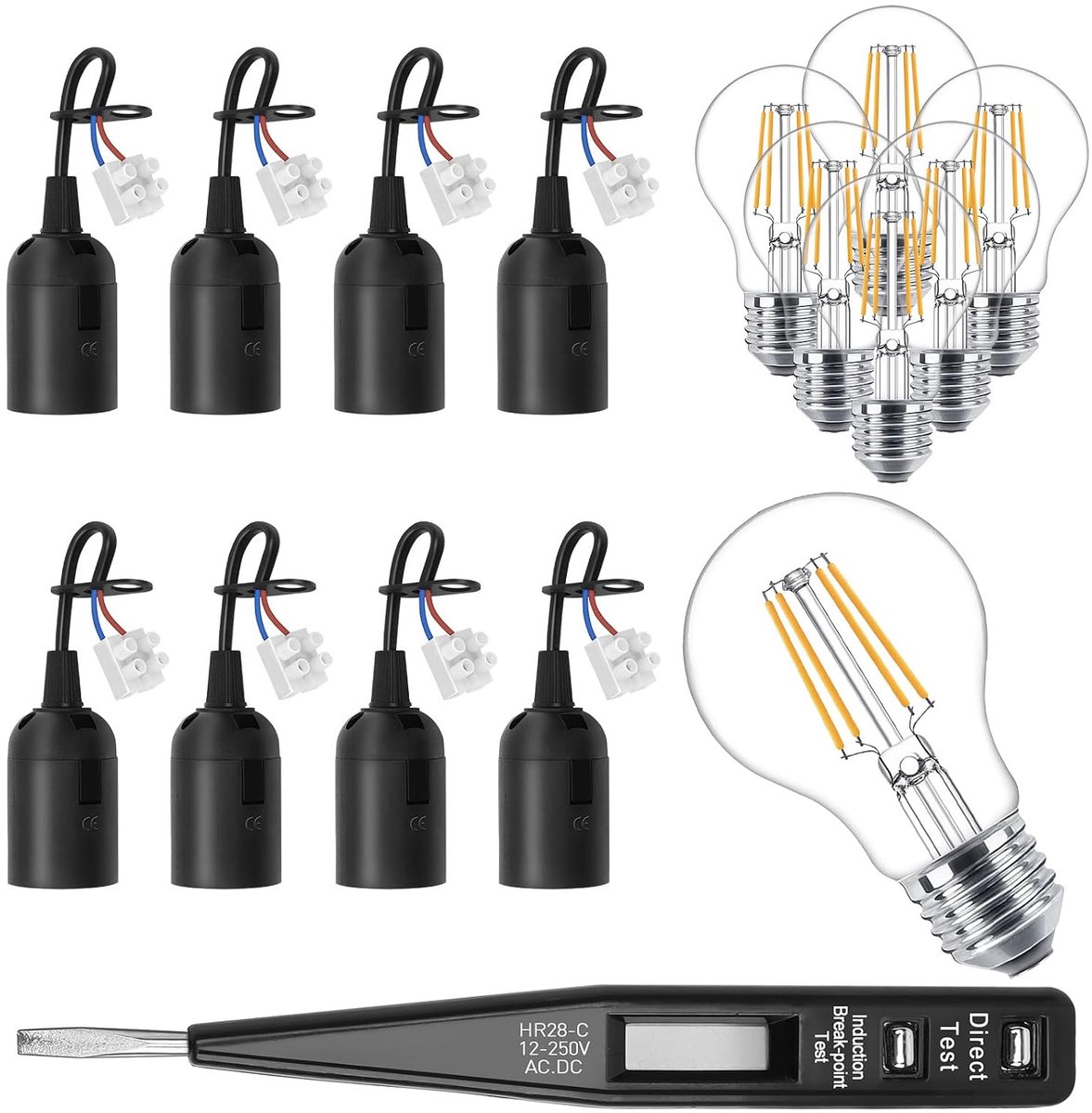 8 x E27 lamphouder met kabel + 8 x 4 W ledlamp warm wit + VDE-spanningstester – voor bouwplaats en renovatie