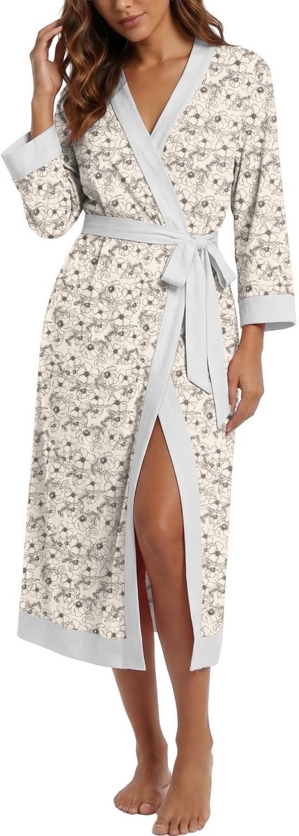 SnelShoppen - Badjas Dames XL Lang met 3/4 Mouwen, Lichte V-Hals Kimono Robe, Perfecte Nachtkleding voor Thuis, Luxe Morgenjas met Band in Diverse Kle