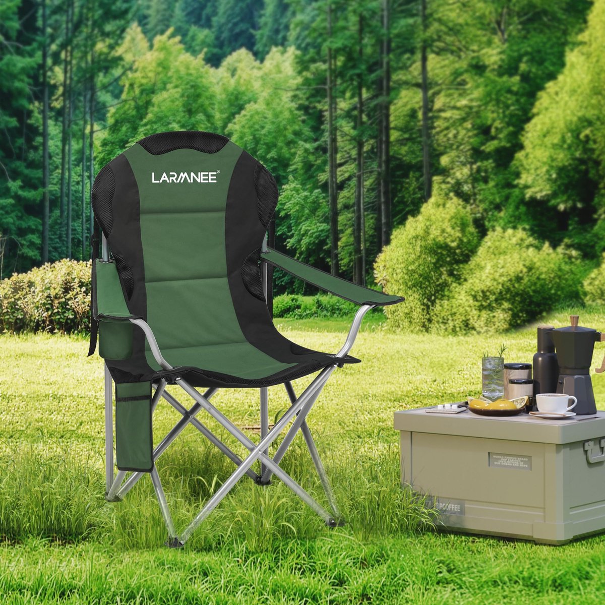 SnelShoppen - Campingstoel Inklapbaar, Opvouwbare Klapstoel met Flessenhouder en Draagtas, Groen/Zwart, Perfect voor Camping, Tuin en Outdoor Activite