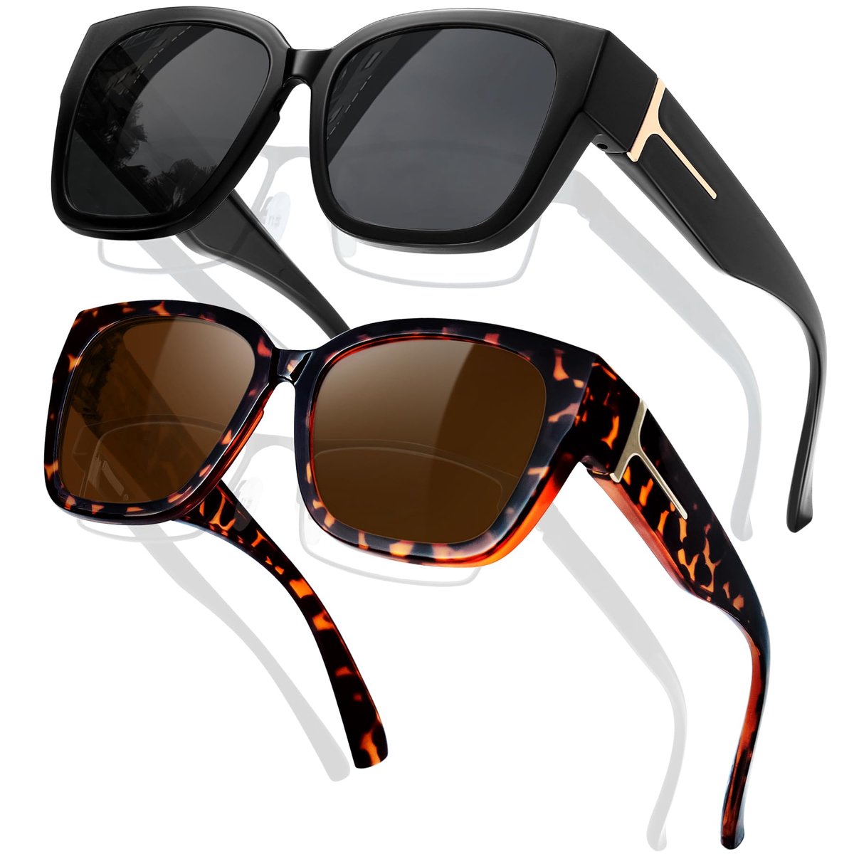 SnelShoppen - 2 Paar Overzet Zonnebril Dames Heren Zwart Luipaard Bruin UV Bescherming Fashion Zonnebrillen Voor Vakantie Feest Outdoor
