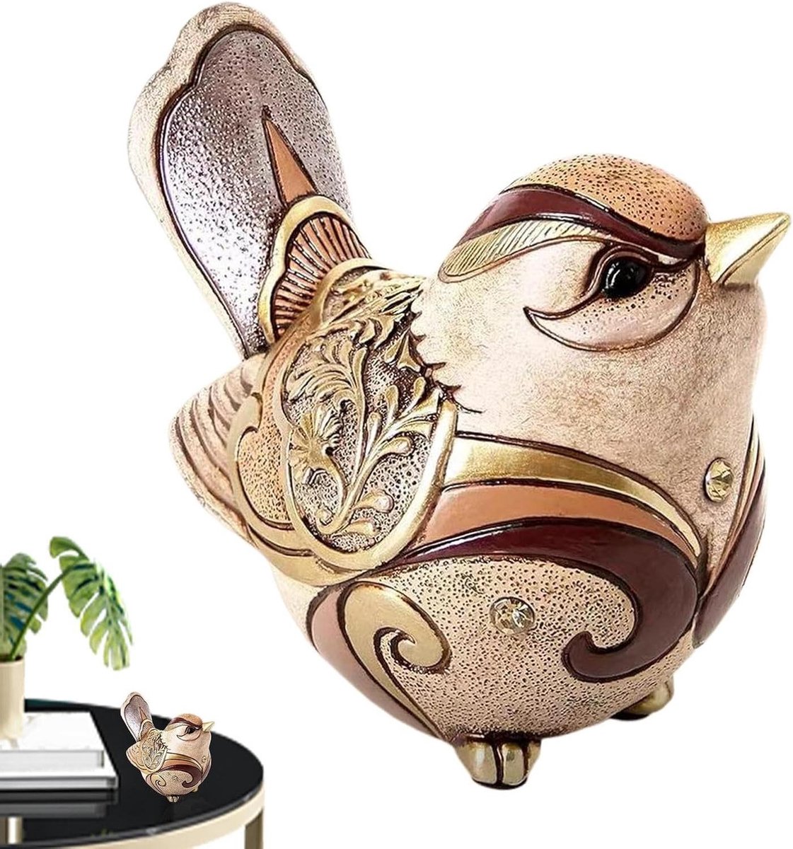 Vogel Figurine - Dierenbeeld Vintage - Woonkamer Decoratie - Fijn Vakmanschap - 9x11x9 cm - Goud