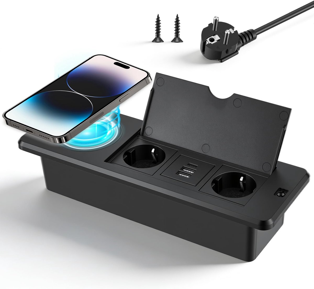 SnelShoppen - 3-voudig Inschuifbaar Stopcontact met Draadloze Oplader 15W, 2x USB-C, USB-A, Tafelstopcontact met Metalen Deksel, Inbouwstopcontact voo