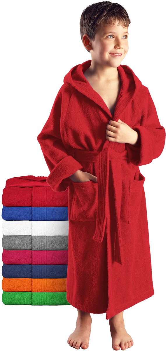 SnelShoppen - Kinderbadjas Rood met Capuchon, 100% Katoenen Badstof, Maat 116, Perfect voor Thuis, Zwembad, Vakantie en Badplezier