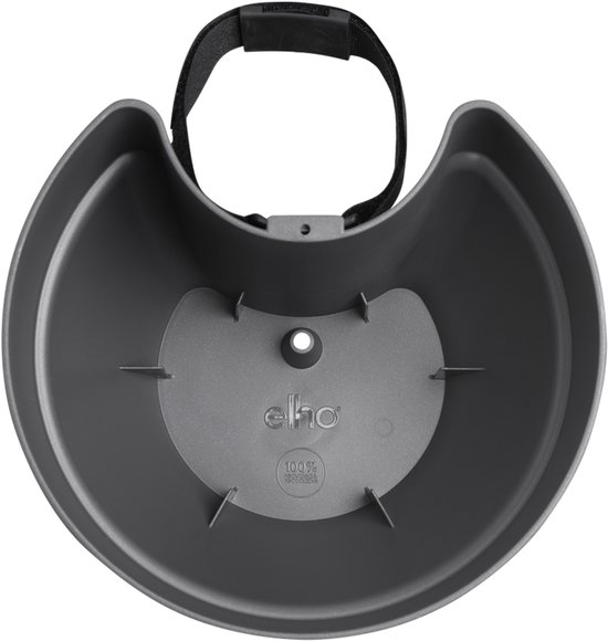 Binnenaanzicht van een donkergrijs regenpijpbakje met het Elho logo en 100% gerecycled plastic.