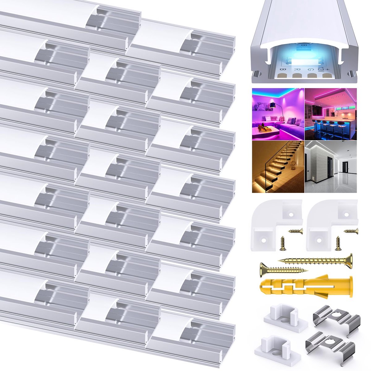 SnelShoppen - 20 Stuks LED Aluminium Profiel 1 m / 3,3 ft voor LED-Stripverlichting met Melkwitte Afdekking, Eindkappen, Bevestigingsclips en Schroeve