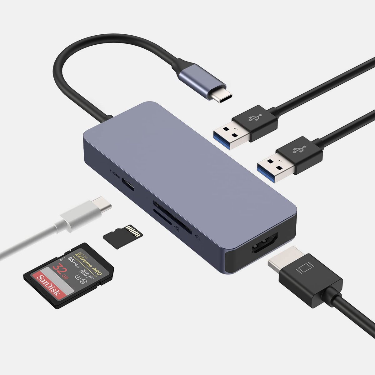 SnelShoppen - 6-in-1 USB C Hub Adapter voor MacBook Air/Pro - Dual Display 4K HDMI Docking Station met USB 3.0, SD/TF Kaartlezer, Compact, Lichtgewich